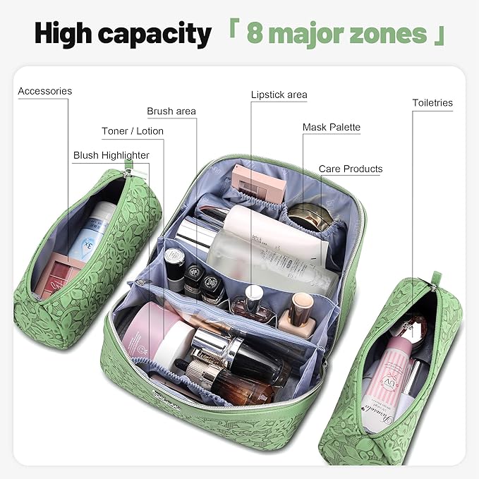 BOYATU Travel Makeup Bag Cosmetic Bags for Women: Large Capacity 3 Pcs Set Make up Bag with Compartments - Waterproof Vegan Leather Toiletry Organizer Bags with Handle (Z-65Light Green)