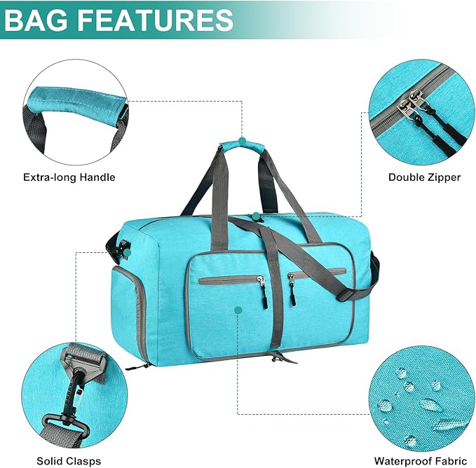 Dimayar 40L Travel Duffle Bag for Men Women - Foldable Duffel Bag with Shoes Compartment - Overnight Bags Waterproof & Tear Resistant(Mint Green)