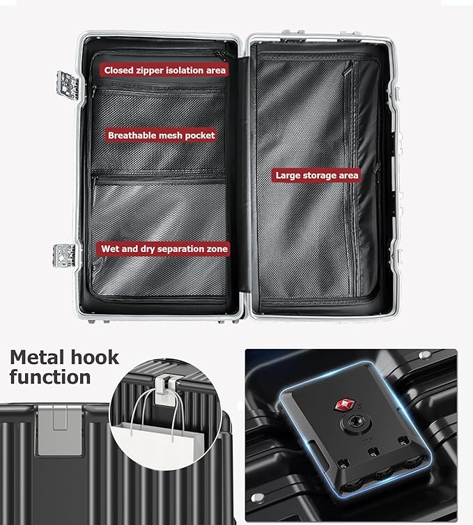 feilario 26in Super Large Captain Aluminum Frame Hardside Spinner Wheels Luggage, Zipperless Checked Suitcase with Cup Holder/Phone Holder (Jet Black,26in)
