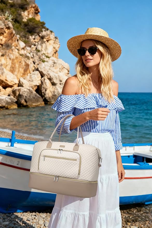 Weekender Bags for Women, Travel Duffle Bag Carry On Overnight Bag with Cosmetics Bag and Crossbody Purse for Gym Hospital, Gifts for Women, Beige Camel