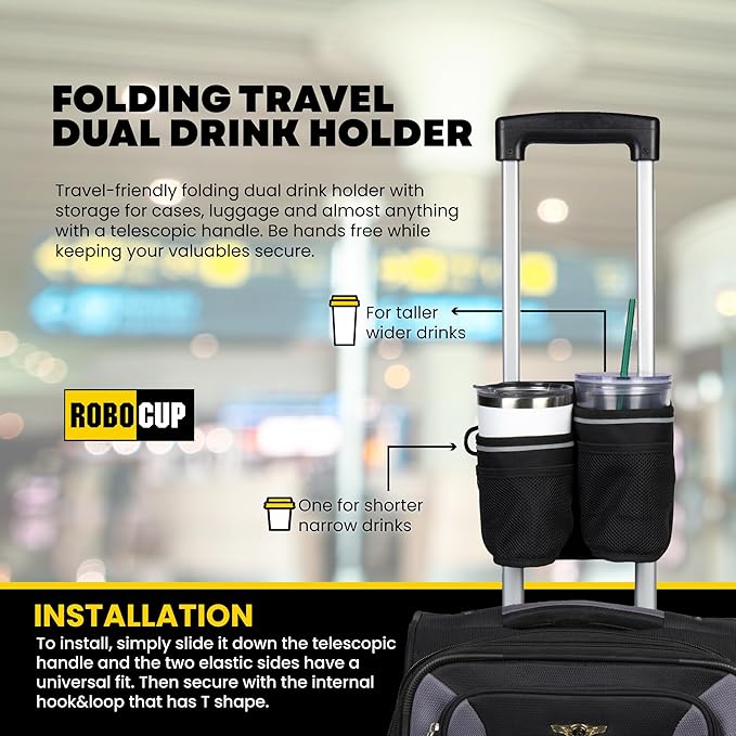 ROBOCUP Travel-Friendly Foldable Dual Drink Holder, Univesal Design for Luggage, Cases and Breifcases with a Telescopic Handle | Storage Pockets, D-Ring, Pen Slot, Reflective Stripe, Hook&Loop Patch