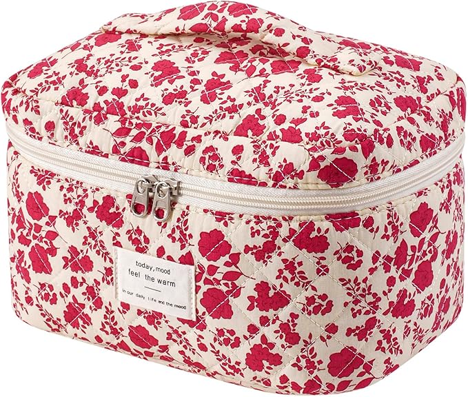 uekeboag Large Travel Quilted Makeup Bag for Women, Floral Cotton Cosmetic Bag, Coquette Aesthetic Floral Toiletry Organizer Bag