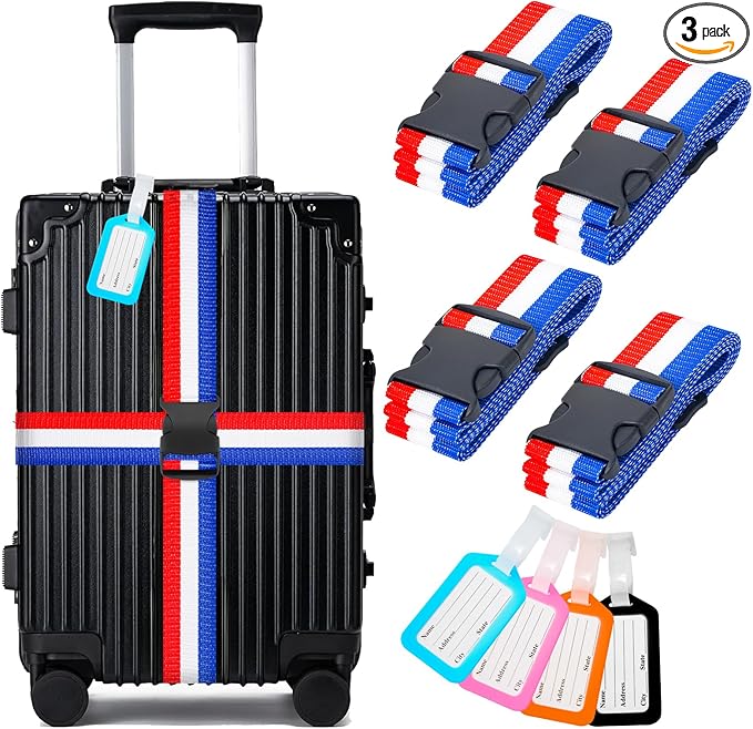 BILIONE 8 Pack Luggage Straps and Tags Set for Suitcase, 4 Vibrant Color Straps and 4 Tags, Premium Suitcase Belts Accessory for Travel (Blue-red-White)
