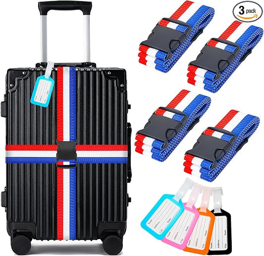 BILIONE 8 Pack Luggage Straps and Tags Set for Suitcase, 4 Vibrant Color Straps and 4 Tags, Premium Suitcase Belts Accessory for Travel (Blue-red-White)