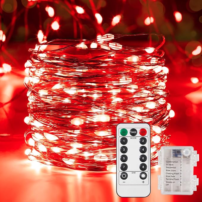 Ariceleo 1 Pack 65.6 Ft. Battery Operated Outdoor String Lights with Remote & Timer, LED Red Fairy Lights, Waterproof Twinkle Lights for Bedroom, Dorm, Mason Jar, Wedding, Party, Christmas