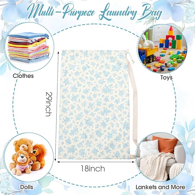 SATINIOR 2 Pcs Floral Laundry Bags 29" x 18" Pink Blue Canvas Travel Laundry Bags with Drawstring Shoulder Straps Washable Dirty Clothes Hamper Organizer for College Dorm Laundromat Apartment Camping