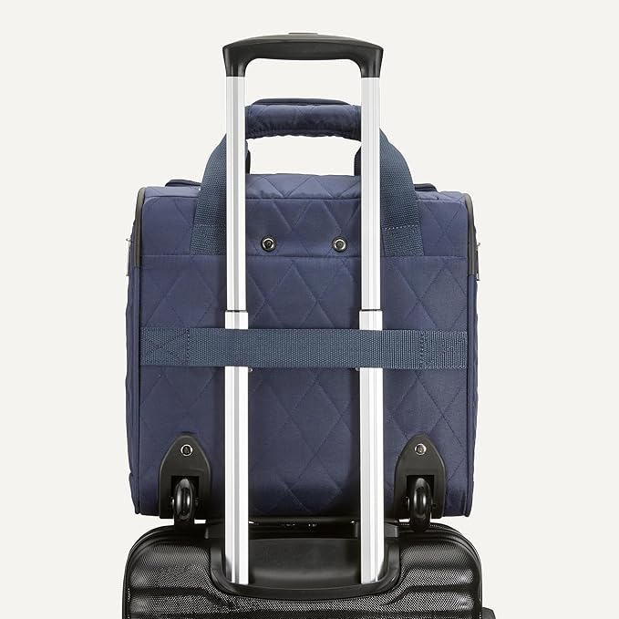 Amazon Basics Underseat Carry-On Luggage with Wheels, 14" Rolling Travel Bag, Fits Under the Seat with Multiple Pockets and Compartments, Navy Quilted