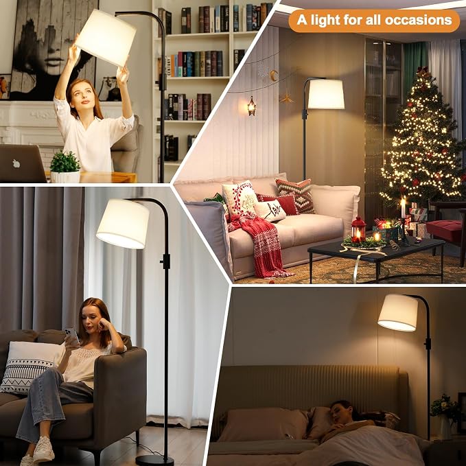Fully Dimmable Floor Lamp with 9W LED Bulb, Standing Lamp for Living Room with Adjustable Head, Modern Tall Light with Rotary Switch for Office, Black and White