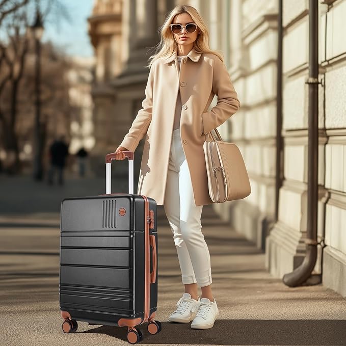 Hoteel Luggage Sets 4 Piece, 4-Year Warranty, Carry-On Luggage with Dual-Spinner Wheels, PC+ABS Hardside Suitcase Set with TSA Lock, Large Checked Travel Suitcases, Black(16/20/24/28)