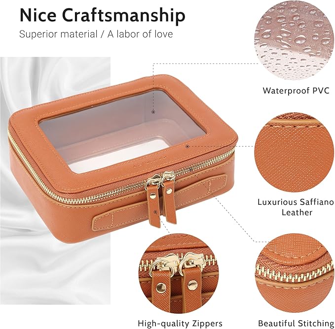 Aveniee Clear Makeup Bag, Travel Toiletry Case for Women, Cosmetic Pouch with Zippers, Car Storage Organizer for Essentials,Brown,Medium Classic