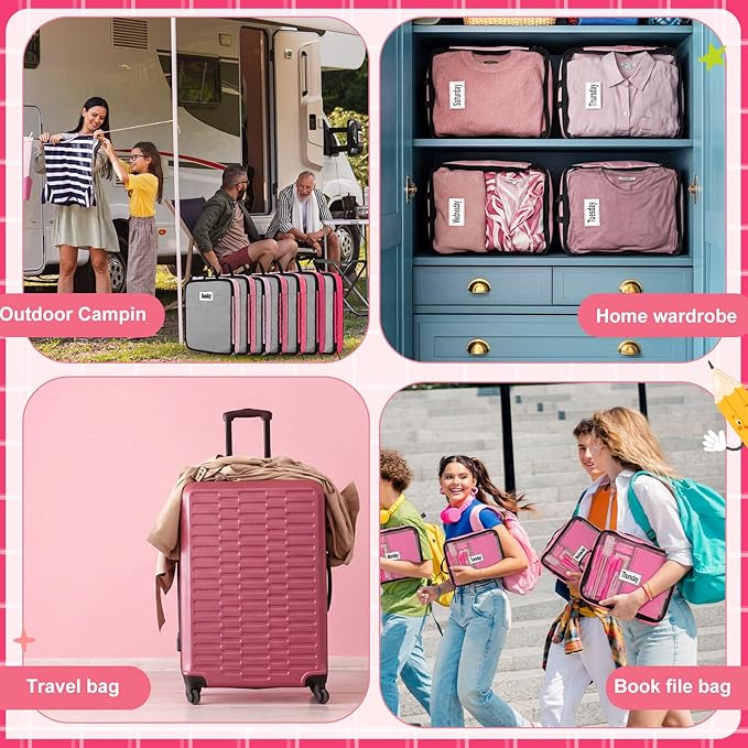 7 Pcs Packing Cubes for Travel Large Days of Week Compression Packing Cube with Labels Luggage Organizers Storage Bag(Pink)