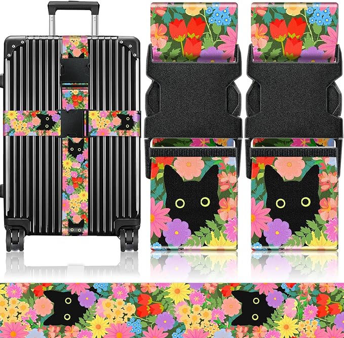 Slohif Luggage Straps for Suitcases Travel Belt Accessories Luggage Connector Identifiers 2 Pack Over Handle with Buckle Unique Nylon Adjustable Strap for Sleeping Bag Car Seat Cat