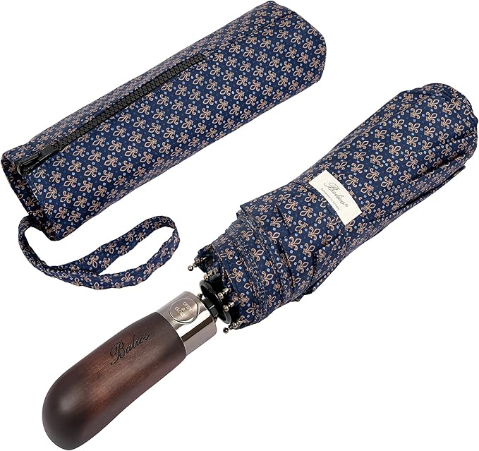 Balios Travel Folding Umbrella with Real Wood Handle Auto Open Close Vented Windproof Canopy - Designed in UK