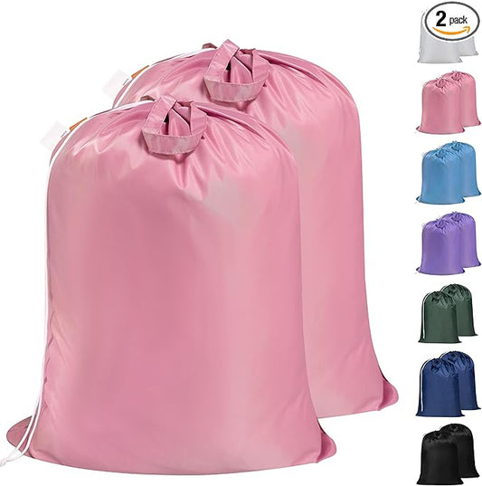 Polecasa Heavy Duty Large Laundry Bag with 130gsm Tear Resistant Fabric and Handles, Easy to Carry Durable Dirty Clothes Drawstring Bag, Perfect for College Dorm, Travel, 2 Pack 28”x36”, Pink