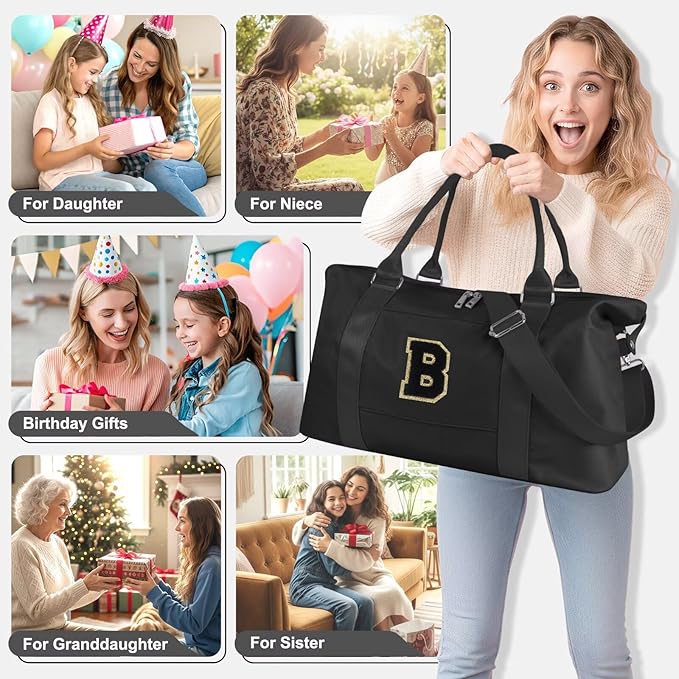 Dance Gym Duffel Bag for Teen Girls, Personalized Initial Travel Weekender Bag,Cute Overnight Carry On Duffle for Women,Sports Travel Cheer Bag,Monogram Christmas Gifts for Tween Preppy(black-B)