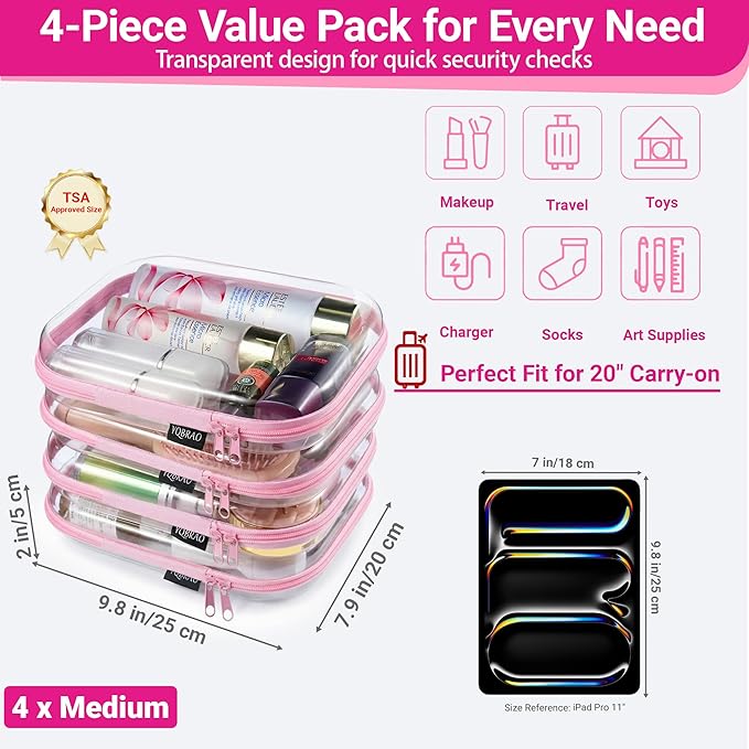 YQBRA 4 Pack Clear Hard Shell Zipper Case, See-Through Hard Plastic Organizer Pouches with Zipper for Travel, Toiletries, Makeup, Toy, Electronics & Pencils - Crush-Resistant Storage (M Pink)