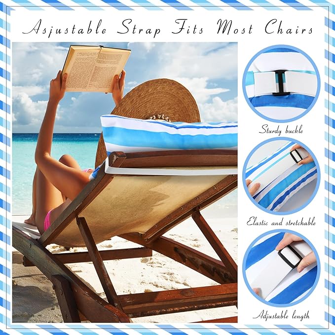 Menkxi 24"x15" Inflatable Beach Pillow with Removable Cover, Beach Chair Backpacking Pillow with Strap Stripe for Summer Sand Pools Travel Vacations(Blue White)