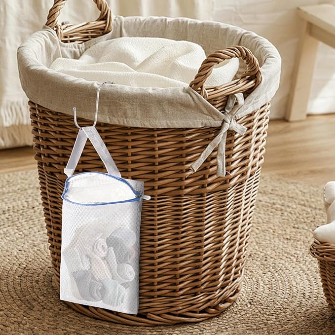 3 PACK Hanging Mesh Laundry Bags with S Metal Hooks,10x12 Inch Hanging Socks Laundry Bags, for Washing Machine