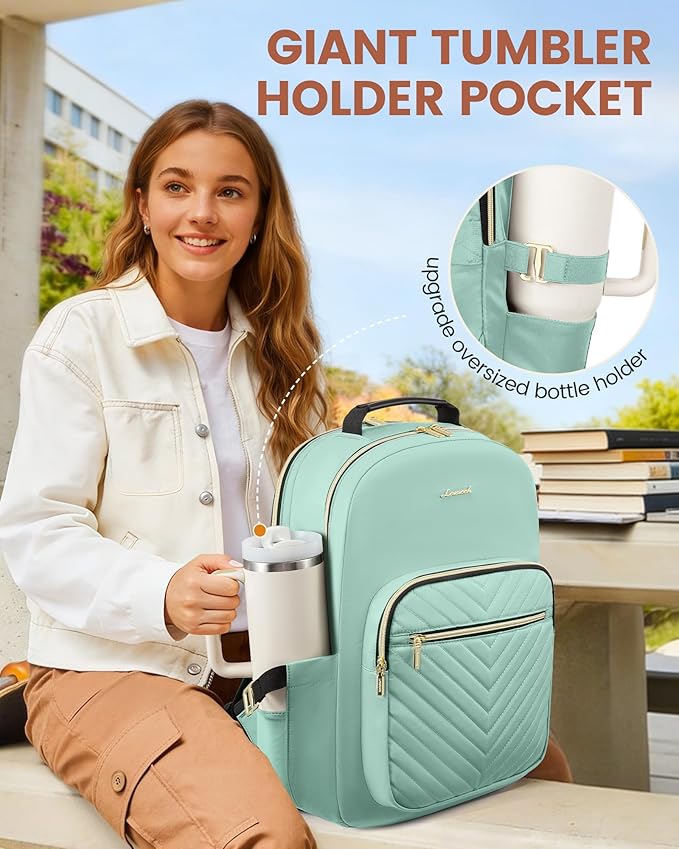 LOVEVOOK Laptop Backpack for Women with Giant Tumbler Holder 17.3 inch,Designer Travel Backpack Laptop Bag College Backpack,Quilted Work Nurse Teacher Backpack Purse Computer Bag Daypack,Mint Green