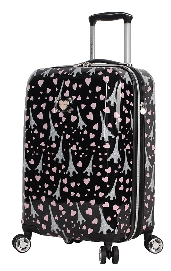 Betsey Johnson Designer 20 Inch Carry On - Expandable (ABS + PC) Hardside Luggage - Lightweight Durable Suitcase With 8-Rolling Spinner Wheels for Women (Paris Love)