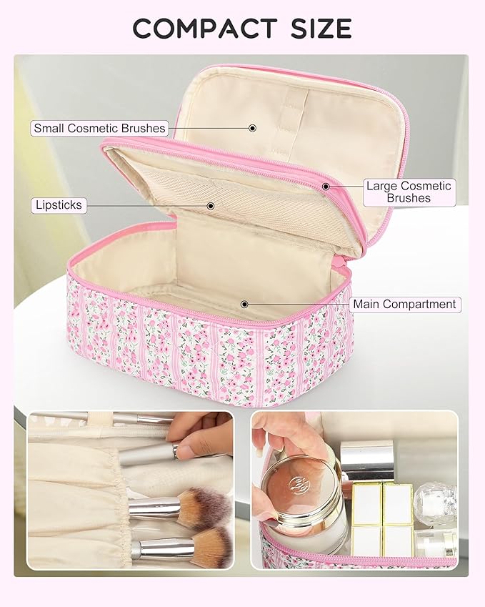 Relavel Cute Makeup Bag for Girls, Portable Pink Cosmetic Bag, Dual-layer Makeup Pouch with Brush Holder, Multi-Functional Preppy Toiletry Organizer for Travel, Daily Use - Pink Flower