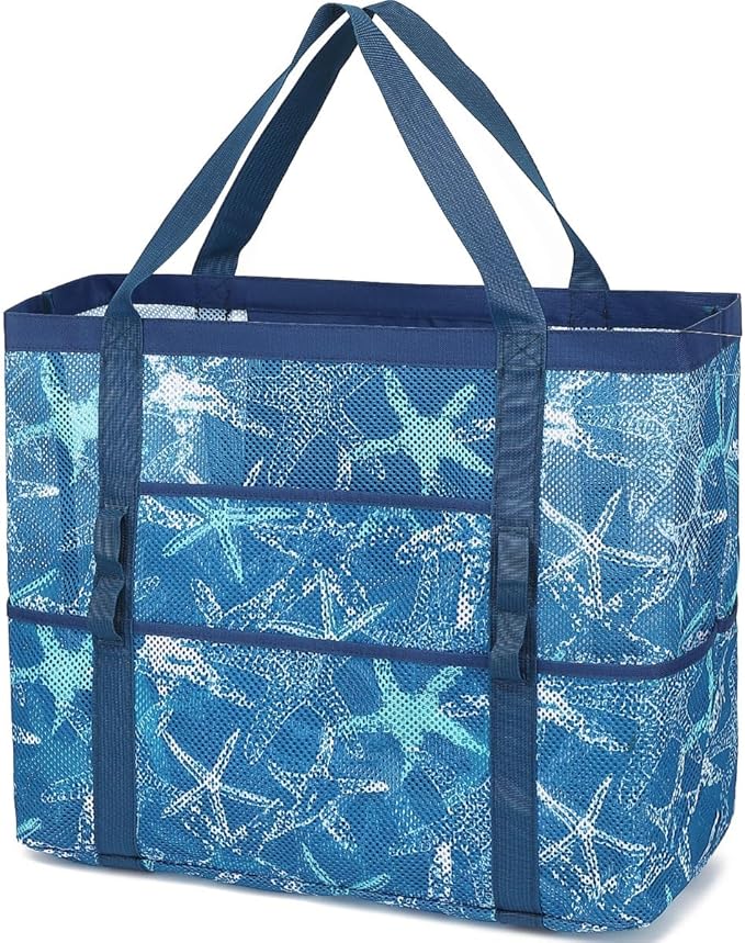 Fammart Mesh Beach Bag, Large Beach Tote with Zipper Pocket, Toys Pool Bag for Family Travel Vacation Cruise Essentials
