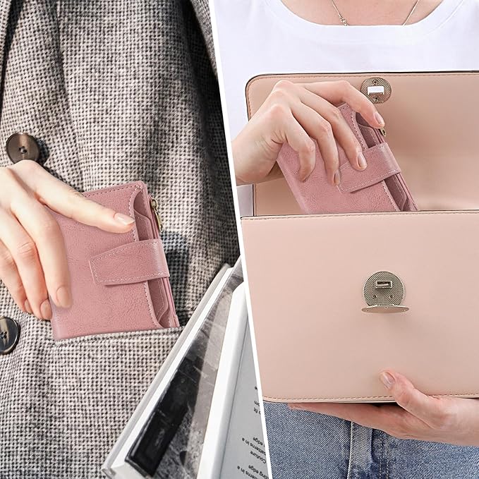 Airkit Small Wallet Women RFID Blocking Soft Leather Bifold Compact Card Holder Wallet for Women with Zipper Coin Pocket 4 ID Window
