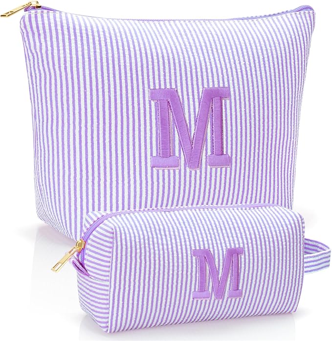 Personalized Initial Makeup Bag,Toiletry Travel Cosmetic Bag,Trendy Stuff for Teen Girls and Women,Holiday & Birthday Gift,2 Pack (M, Purple)