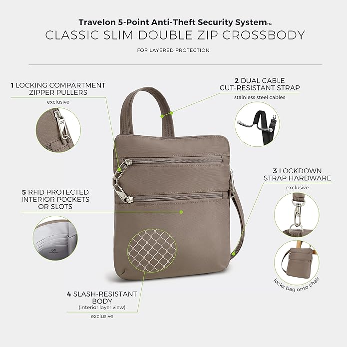 Travelon Anti-theft Classic Slim Double Zip Crossbody