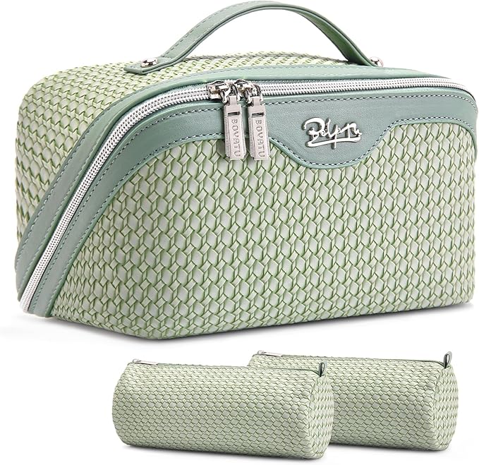 BOYATU Travel Makeup Bags for Women: Large Capacity Make up Bag with Wide Opening - 3 Pcs Set Waterproof Travel Toiletry Organizer for Full-Sized Bottles, Cosmetics & Brushes (Light Green-W)