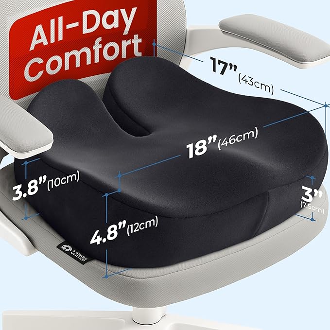 5 STARS UNITED Seat Cushion - Memory Foam Chair Cushion for Tailbone Pain Relief - Ergonomic Support for Coccyx, Sciatica & Butt - Office, Desk & Gaming Chair, Car Seat, Wheelchair, Black Suede