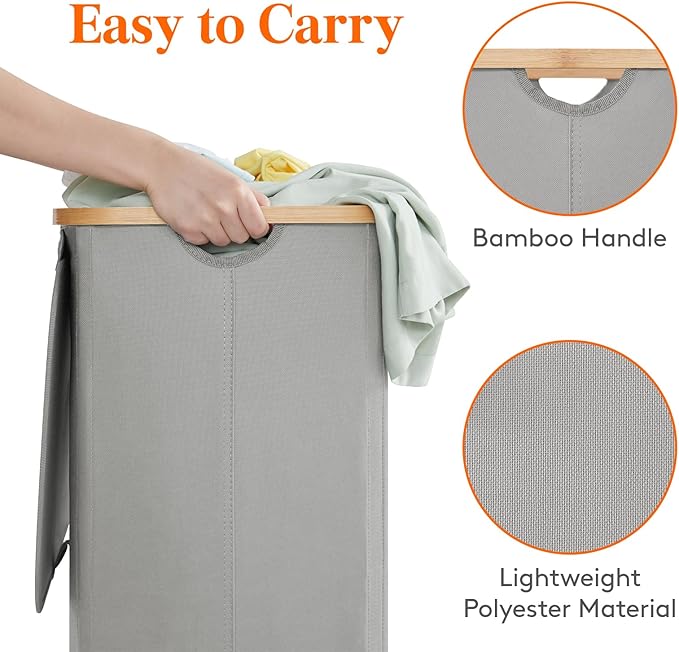 Lifewit 100L Laundry Basket with Lid, Clothes Hampers for Laundry with Bamboo Handles and 1 Removable Bag, Large Foldable Laundry Hamper for Bedroom, Bathroom, Dorm, Laundry Room, Silver Grey