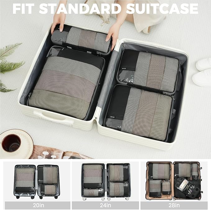 BAGAIL 4 Set/6 Set/8 Set Compression Packing Cubes Travel Accessories Expandable Packing Organizers (Half Mesh, 8-Jet Black)