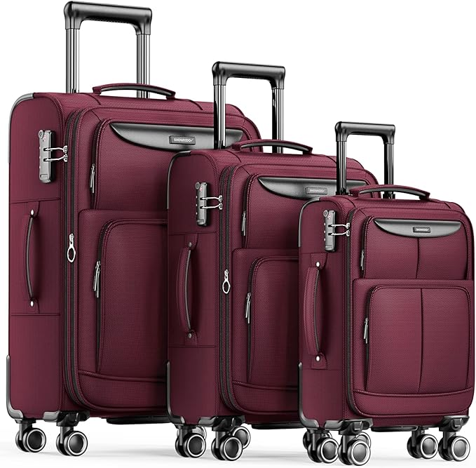 SHOWKOO Luggage Sets 3 Piece Softside Expandable Lightweight Durable Suitcase Sets Double Spinner Wheels TSA Lock Wine Red (20in/24in/28in)