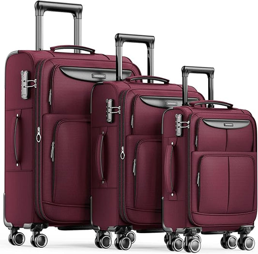 SHOWKOO Luggage Sets 3 Piece Softside Expandable Lightweight Durable Suitcase Sets Double Spinner Wheels TSA Lock Wine Red (20in/24in/28in)