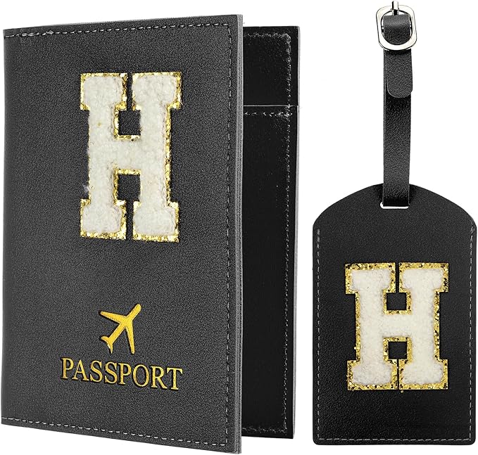 PATIKIL Passport Holder for Travel, Initial Passport Cover and Luggage Tag Set with Alphabet Chenille Letter Patch Travel Wallet Bag Suitcase Identifier for Women Family Travel Black H