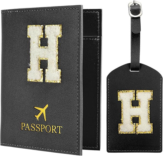 PATIKIL Passport Holder for Travel, Initial Passport Cover and Luggage Tag Set with Alphabet Chenille Letter Patch Travel Wallet Bag Suitcase Identifier for Women Family Travel Black H