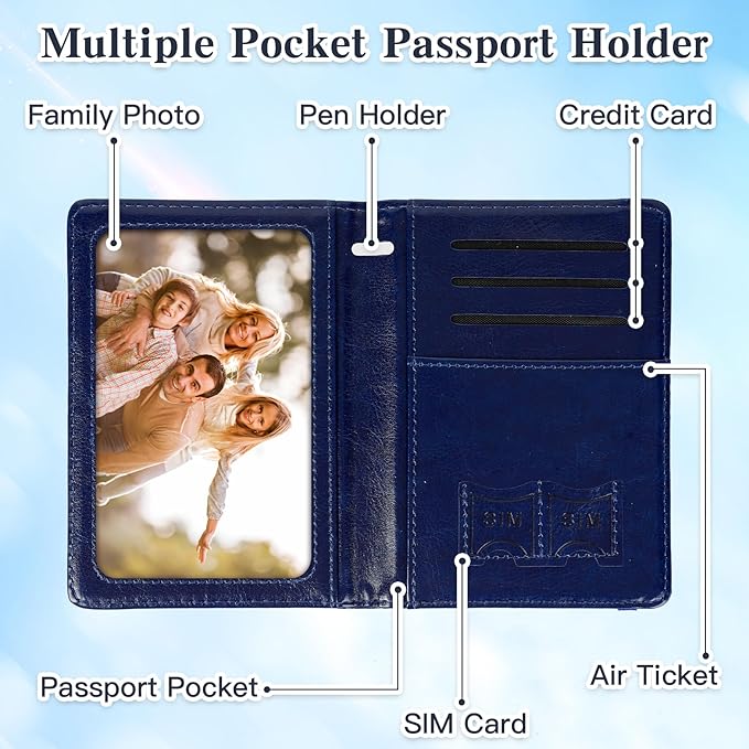 Passport Holder for Travel, RFID Blocking Passport Cover with Pen Holder Leather Passport Wallet Case Travel Must Haves Accessories Passport Book Card Holder for Family Travel Essentials, Dark Blue