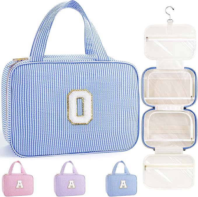 TOPEAST Travel Toiletry Bag for Women - Hanging Toiletry Bag Makeup Bag, Portable Toiletries Cosmetic Bag, Airplane Travel Essentials - Letter O, Blue