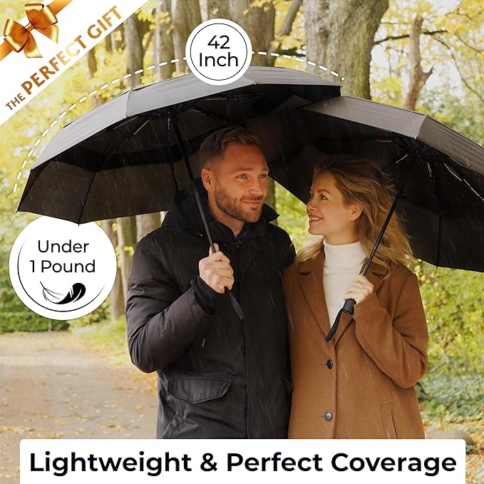 TUMELLA Strongest Windproof Travel Umbrella (Compact, Superior & Beautiful), Small, Wind-Tested, Light & Portable, Automatic Folding Rain Umbrella, Durable Premium Grip, Fits Car and Backpack