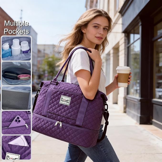 Large Travel Duffle Bag Weekender Bags for Women with Shoes Compartment, Travel Duffel Tote Carry on Overnight Bag for Travel Business Trips, Sport Yoga Gym Bag with Wet Pocket (Dark Purple)