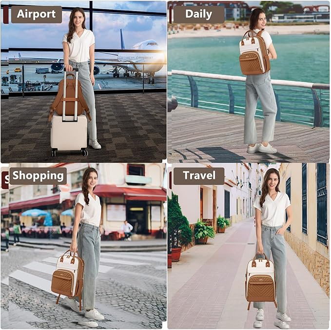Laptop Backpack for Women Work Bookbag: 15.6 Inch College Backpacks with USB Charger School Book Bag Waterproof Travel Computer Back Pack Anti-Theft Casual Bookbags for Girls Teacher Nurse Beige Brown