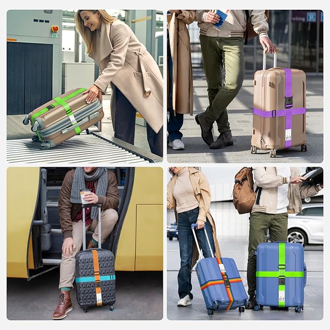 BILIONE Luggage Straps Adjustable Suitcase Belt, Lockable Against Accidental Opening, Easy to Identify Travel Accessories, Add a Bag Connector Holds Suitcase Together (4, Vibrant Blue + Green)