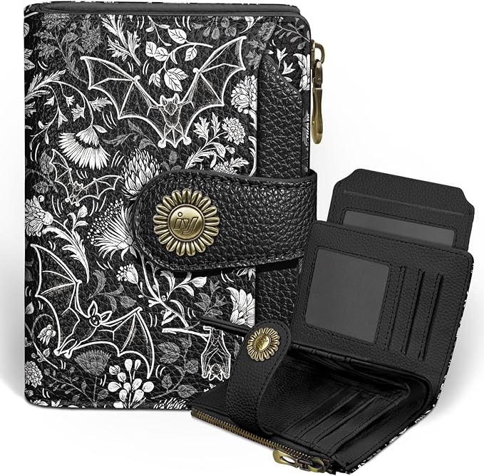 Icycay Goth Gothic Bat Small Wallet Women RFID Blocking Bifold, Credit Card Holder, Zipper Coin Pocket, PU Leather, Funny, Compact, Travel, 4 ID Window, 14 Card Slots, Cash Purse, Ladies Woman Female