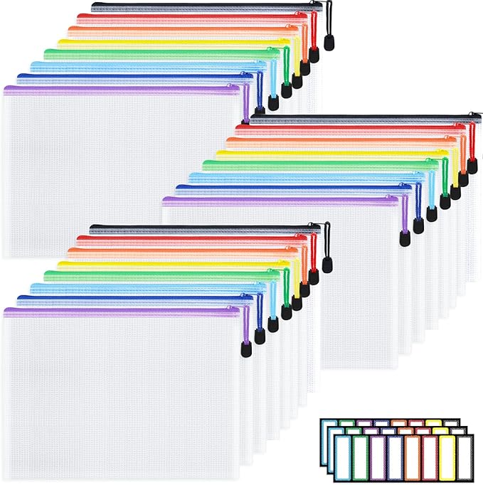 EOOUT 24pcs A4 Zipper Pouch Bags, Mesh Pouch Bags with Labels for Board Games & Puzzles Supplies, Waterproof Document Zipper Cases for School Toys Office Cosmetics Travel Storage,8 Colors