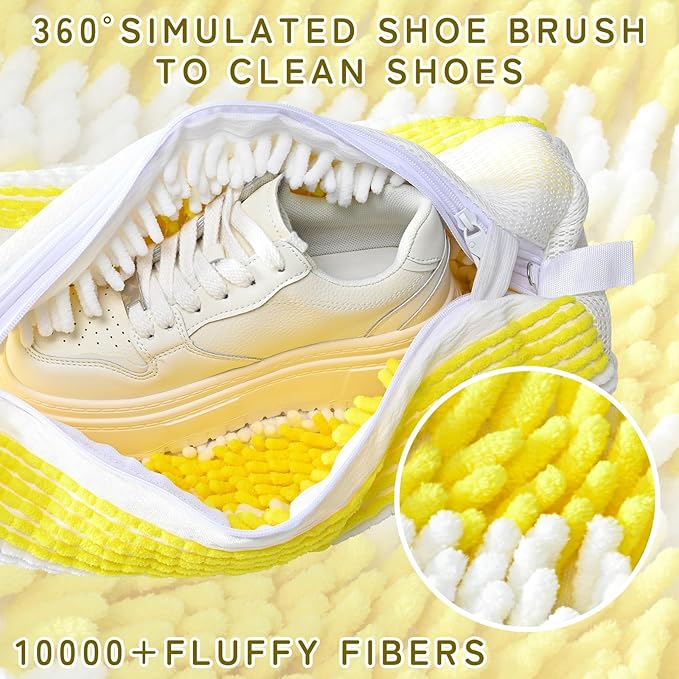 Anybar Shoe Washing Machine Bag –2 Pcs Reusable Laundry Shoe Bag 360° Deep Cleaning Sneaker Washing Machine Bag Fits All Shoe Types Microfiber Inside with Self-locking Zipper (Yellow White)