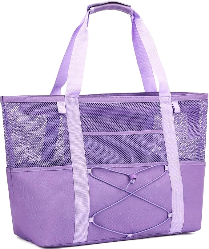Fammart Mesh Beach Bag, Large Beach Tote with Zipper Pocket, Toys Pool Bag for Family Travel Vacation Cruise Essentials
