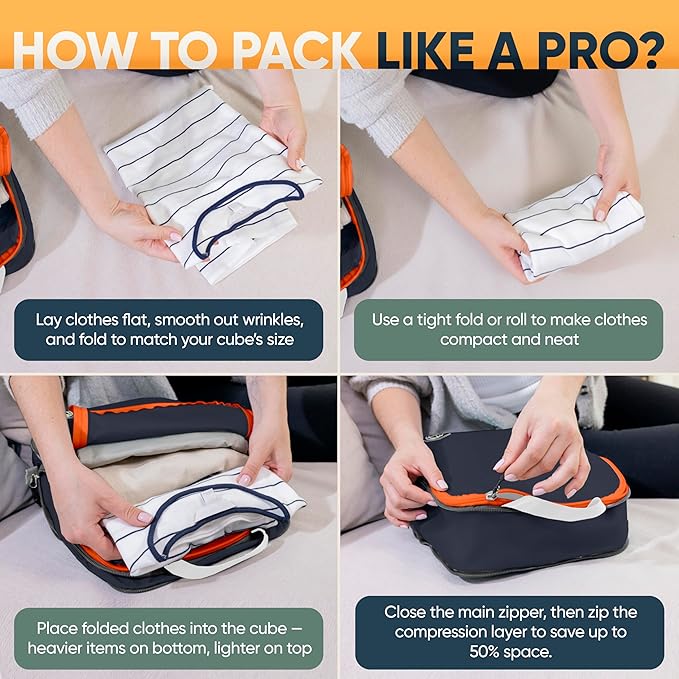 Large Compression Packing Cubes for Travel-Packing Cube Luggage Organizers 7 Piece Set for Checked Luggage-Ultralight, Expandable/Compression Bags by TRIPPED Travel Gear (Grey/Orange)