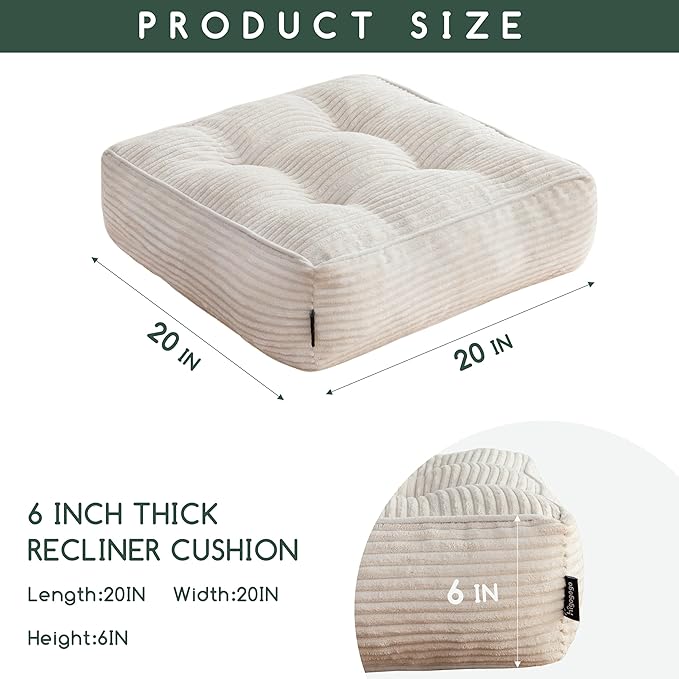 HIGOGOGO Tufted Corduroy Recliner Seat Cushion for Elderly, 20x20x6 Inch Extra Large Square Seat Cushion for Recliner Chair, Floor Pillow, Office Chair, Car, No Pressure on Thighs, Beige