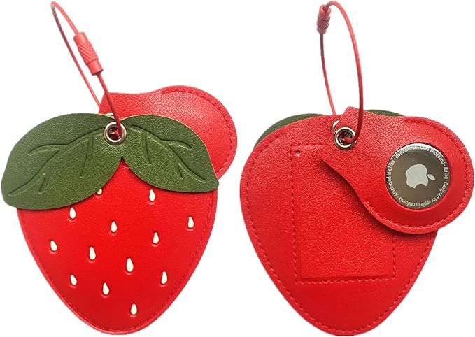 CuteLeather Luggage Tag Holder with Airtag Case Set,Hidden Compartment for AirTag Travel Suitcase Tracking Case with Stainless Steel Loop,Name ID Label(Strawberry)